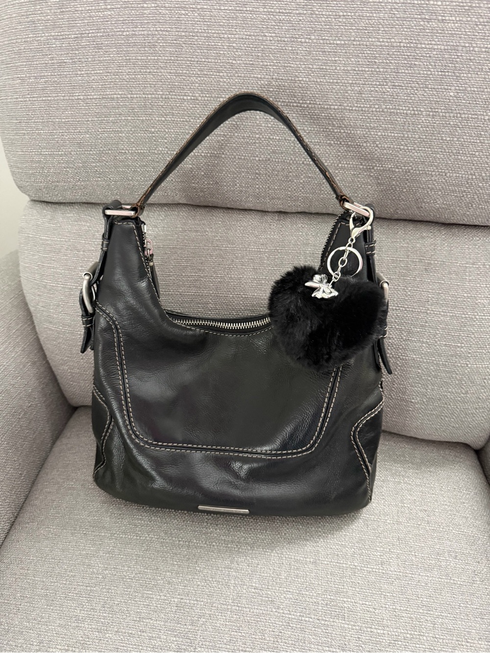 Vintage Michael Kors Black Leather Shoulder Bag with Fur Heart Charm